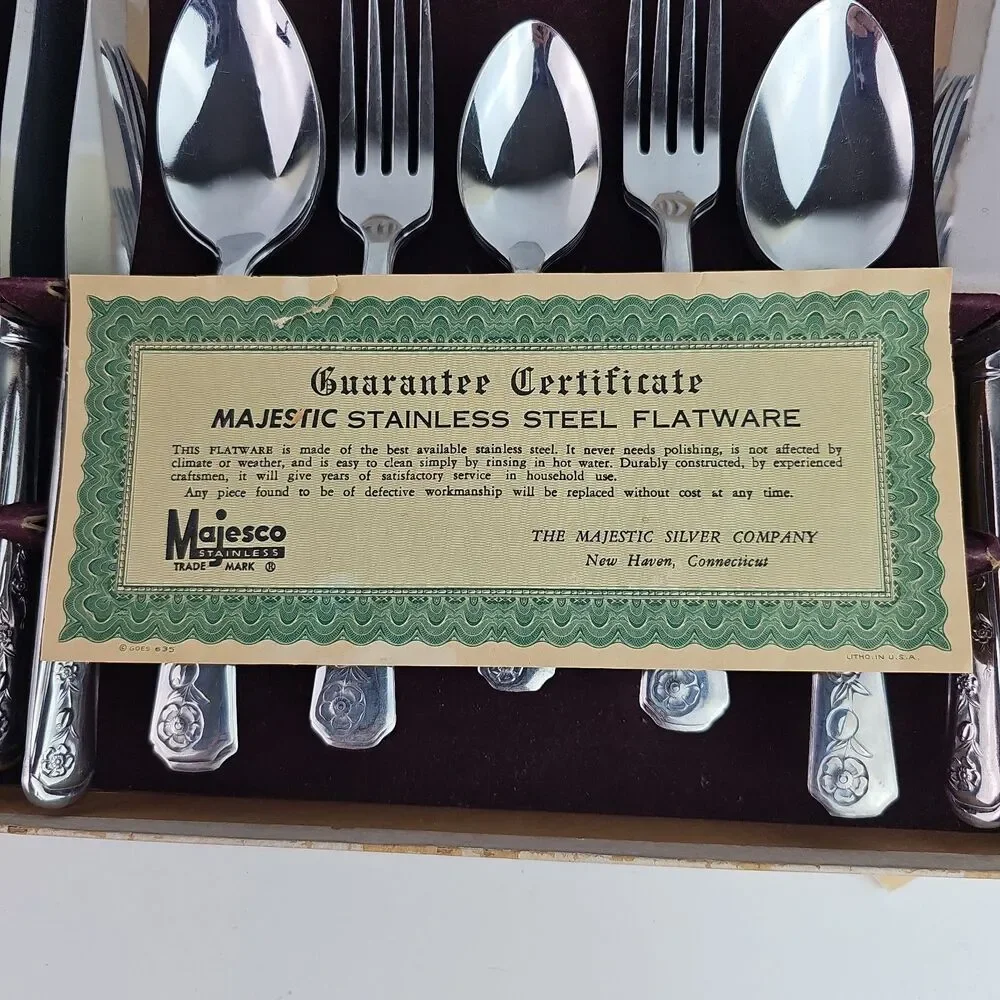 1950s Stainless Flatware Service For 6 By Majestic With Box Floral Pattern
